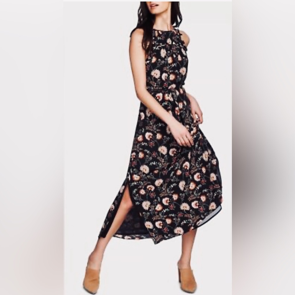 1. State Sleeveless Floral Crepe A-line Midi Dress w Side Slits & Waist Ties